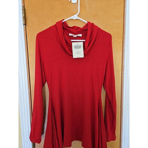 Boston Proper Womens Red Long Sleeve Cowl Neck Tunic M Trapeze Asymmetric New! - Picture 1 of 6